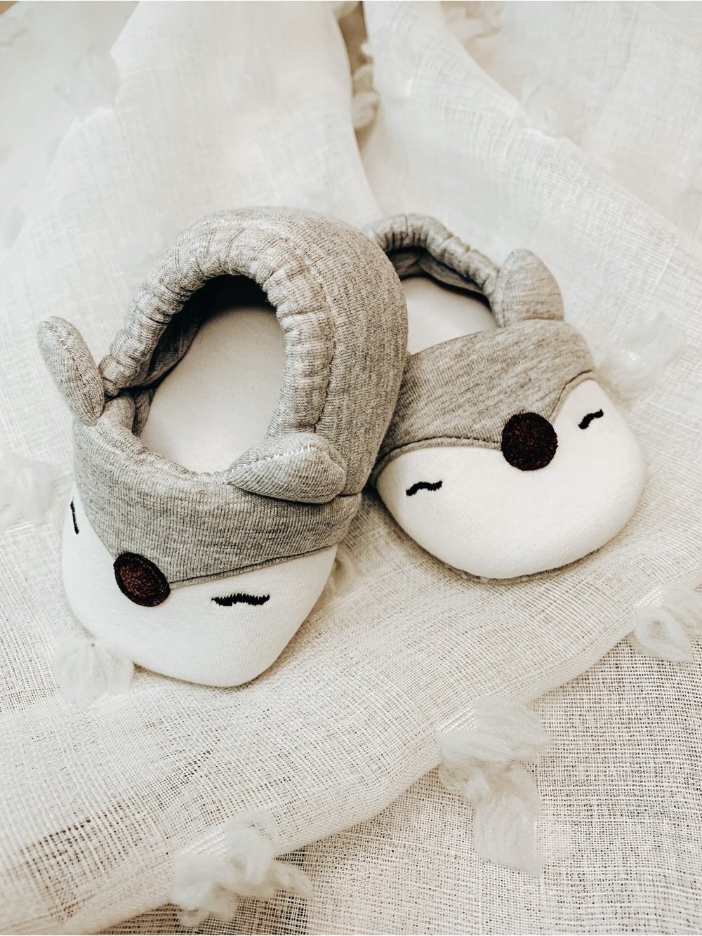 Grey Fox Plush Baby Shoes - Soft Slip-On Kids Slippers